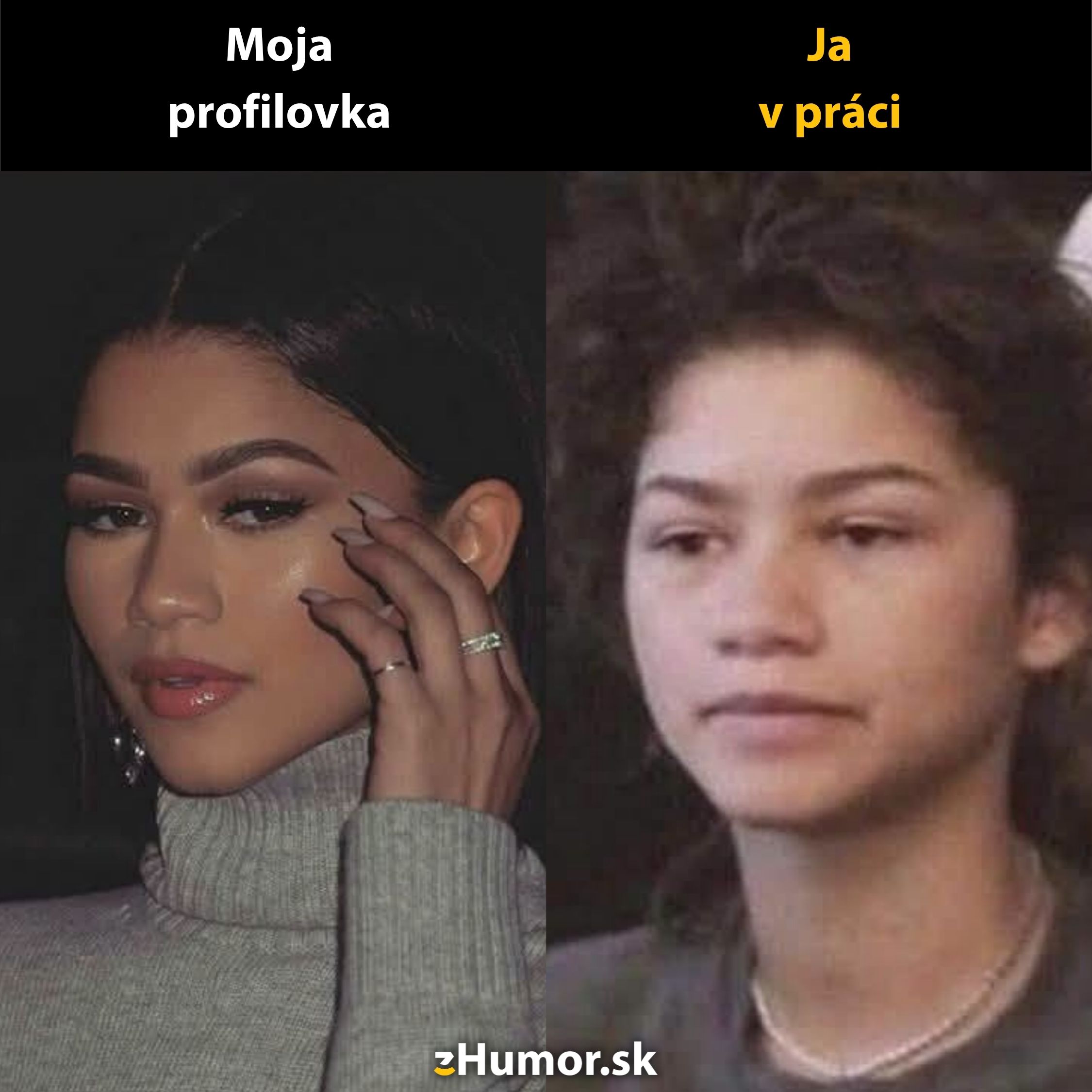 Žena vyzerá upravene na profilovej fotke a unavene v práci, vtipne ilustrujúc rozdiel medzi online a reálnym životom.