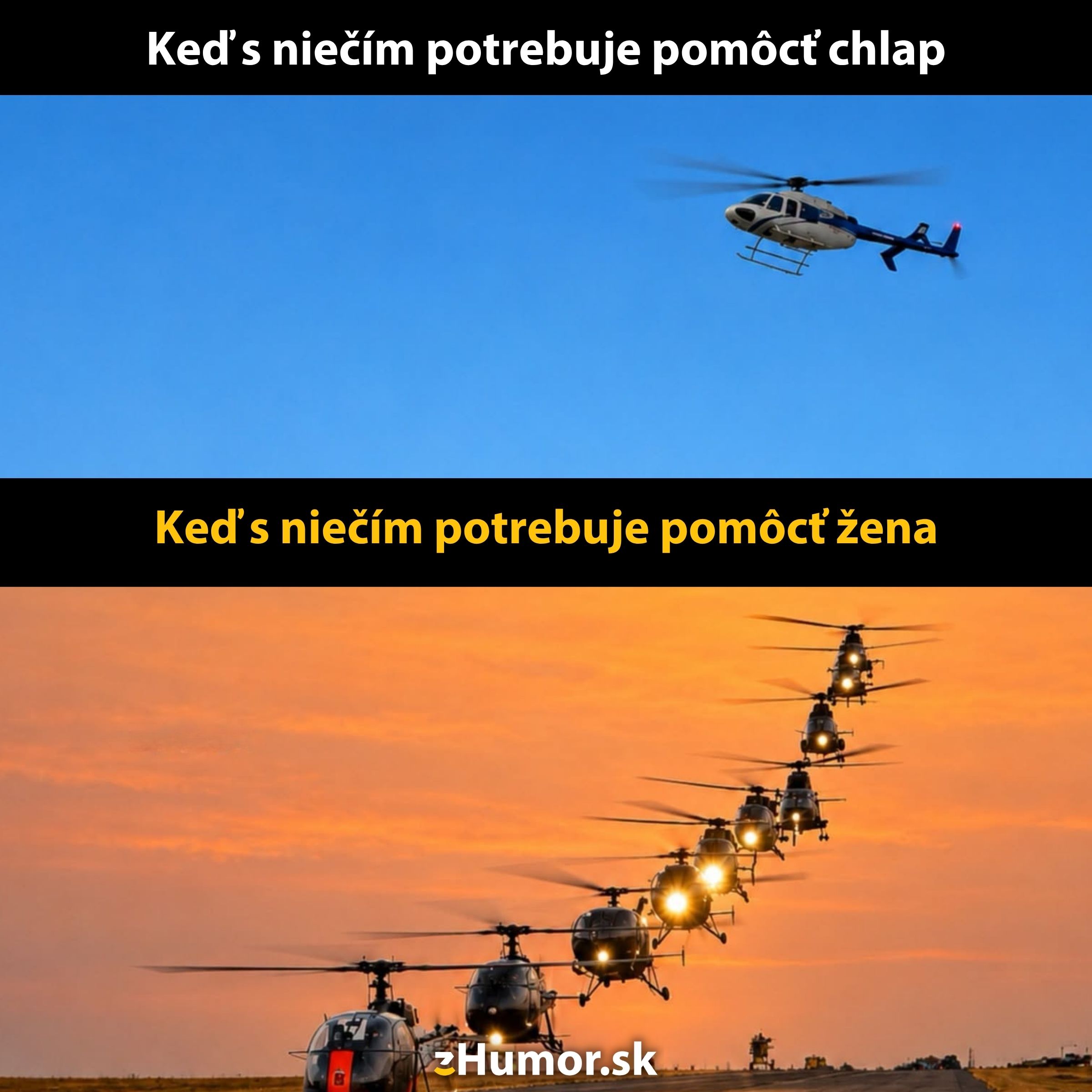 Jeden vrtuľník pre muža, flotila pre ženu – satirický pohľad na rozdielnu pomoc.