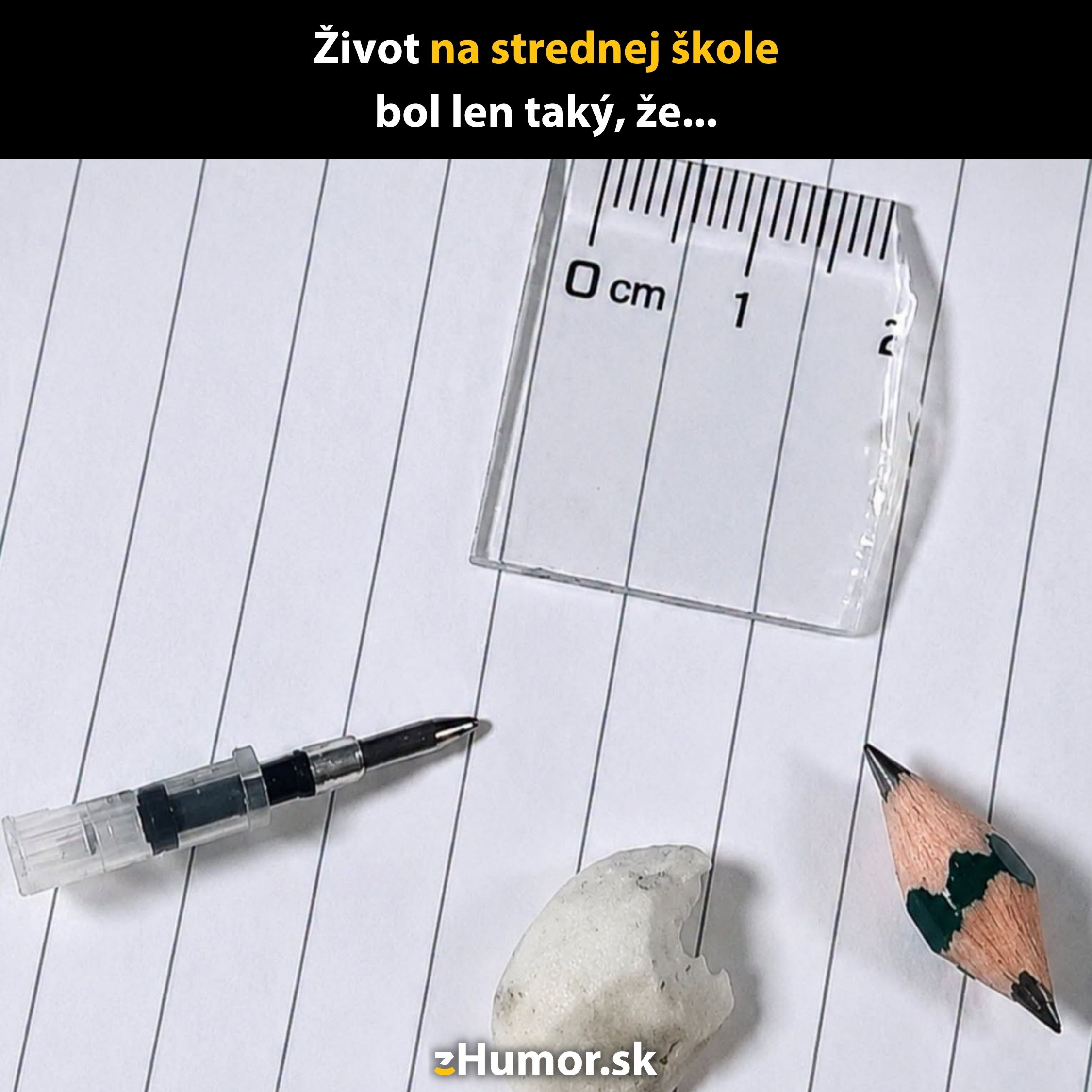 Zlomené školské pomôcky na papieri symbolizujú život na strednej škole.