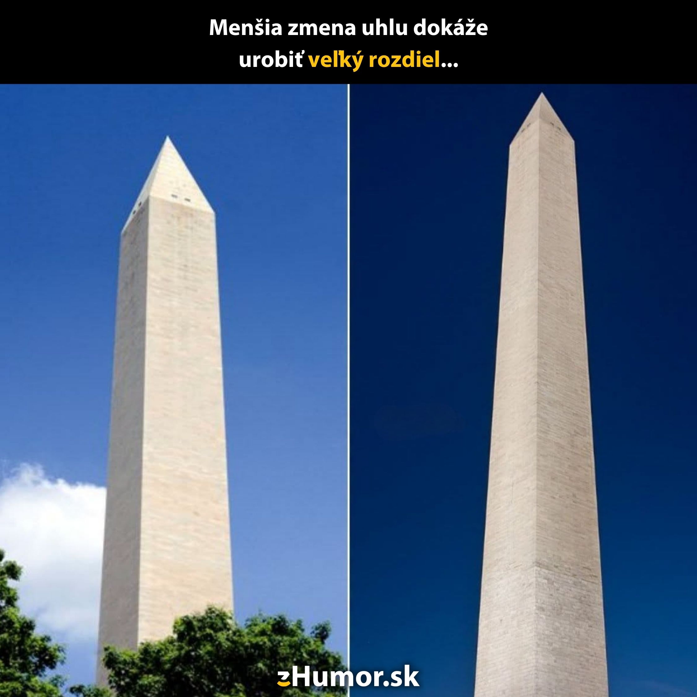 Dva pohľady na monument z rôznych uhlov, ukazujúce jeho rozdielne perspektívy na modrej oblohe.