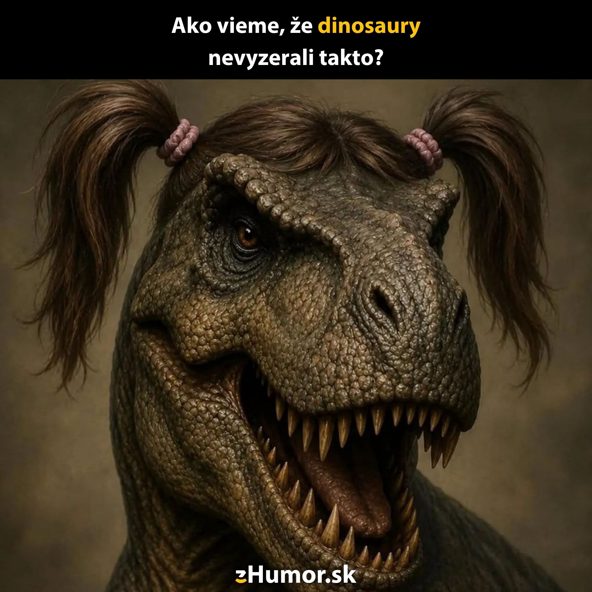 Dinosaurus s copíkmi ako vtipný pohľad na evolúciu a predstavy o vzhľade dinosaurov.