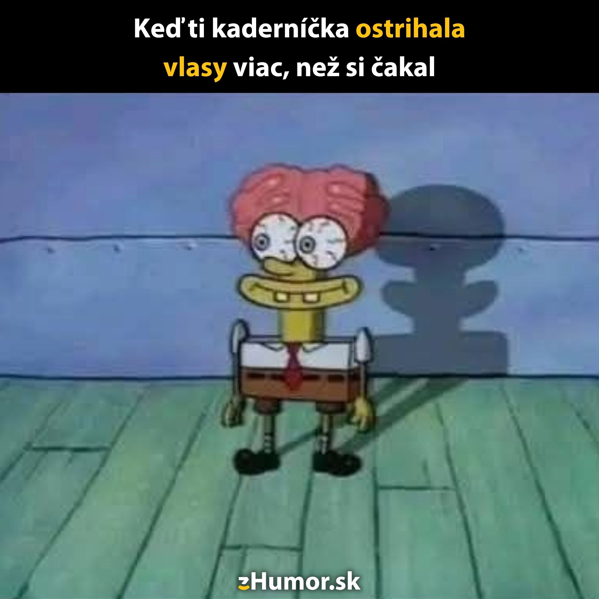 Kreslená postava s výrazom prekvapenia po neúspešnom účese od kaderníčky, ktorá ostrihala vlasy príliš krátko.