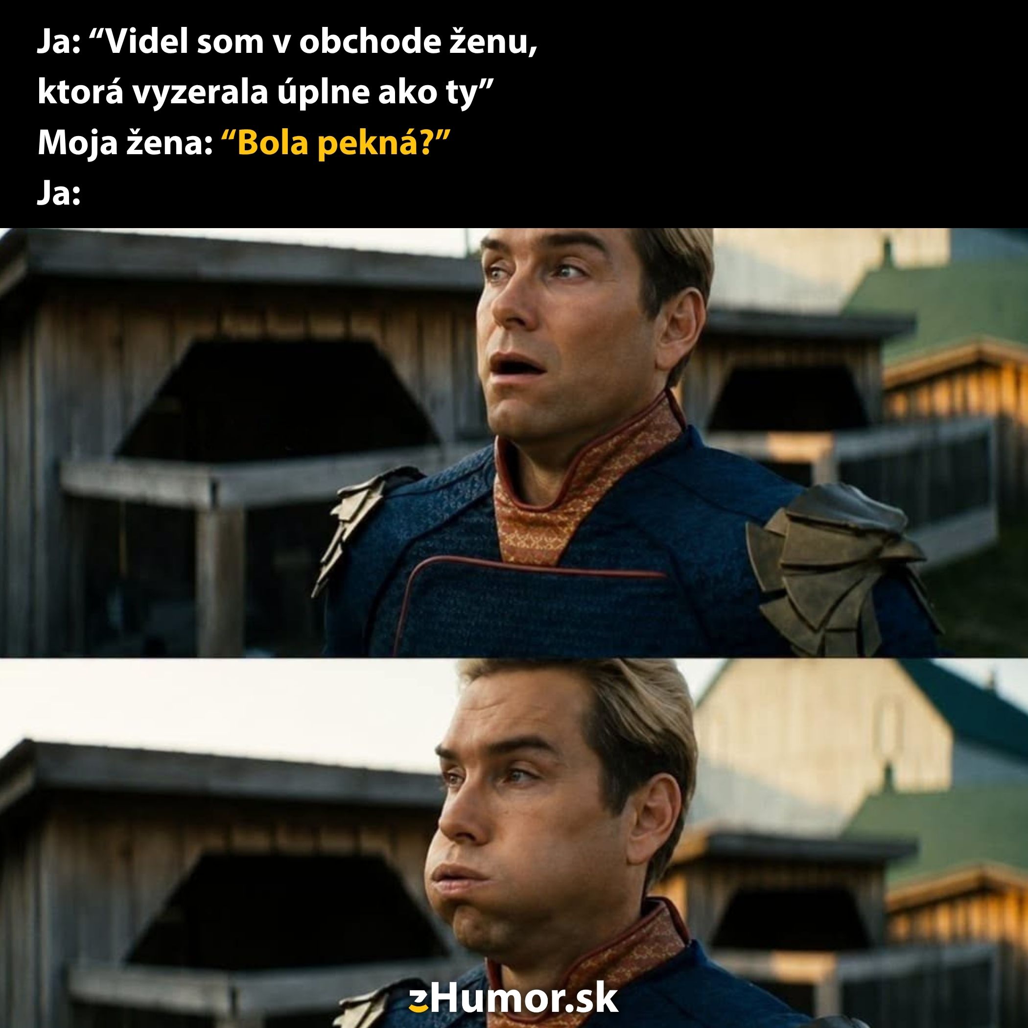 Muž prekvapený otázkou od ženy, či bola podobná žena pekná, s komickým výrazom v tvári.