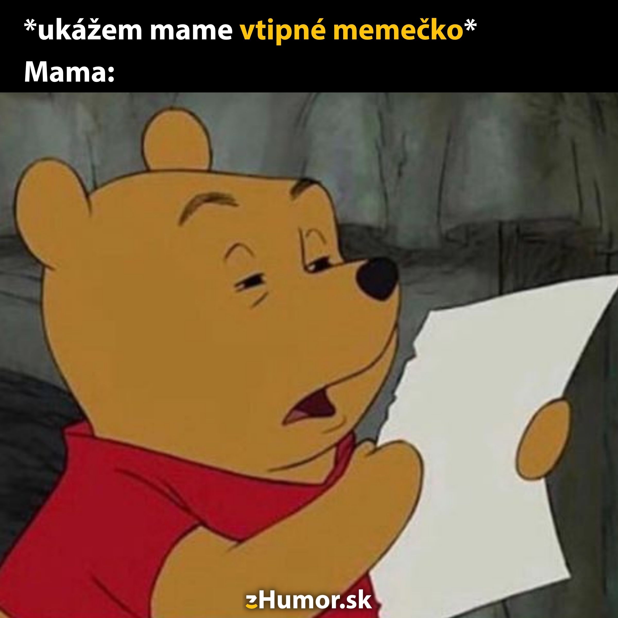 Medvedík drží papier s nezáujmom, keď mu niekto ukáže vtipné meme.