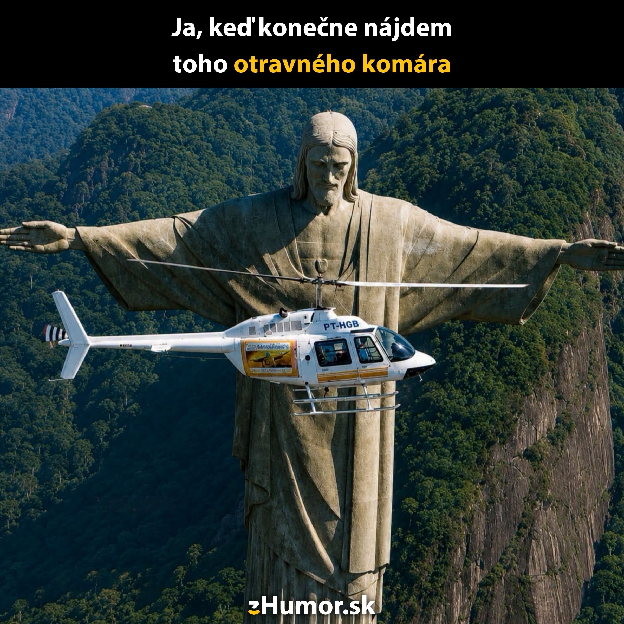 Socha Krista v Riu s vrtuľníkom pred tvárou, príroda v pozadí, vtipný kontext s komárom.