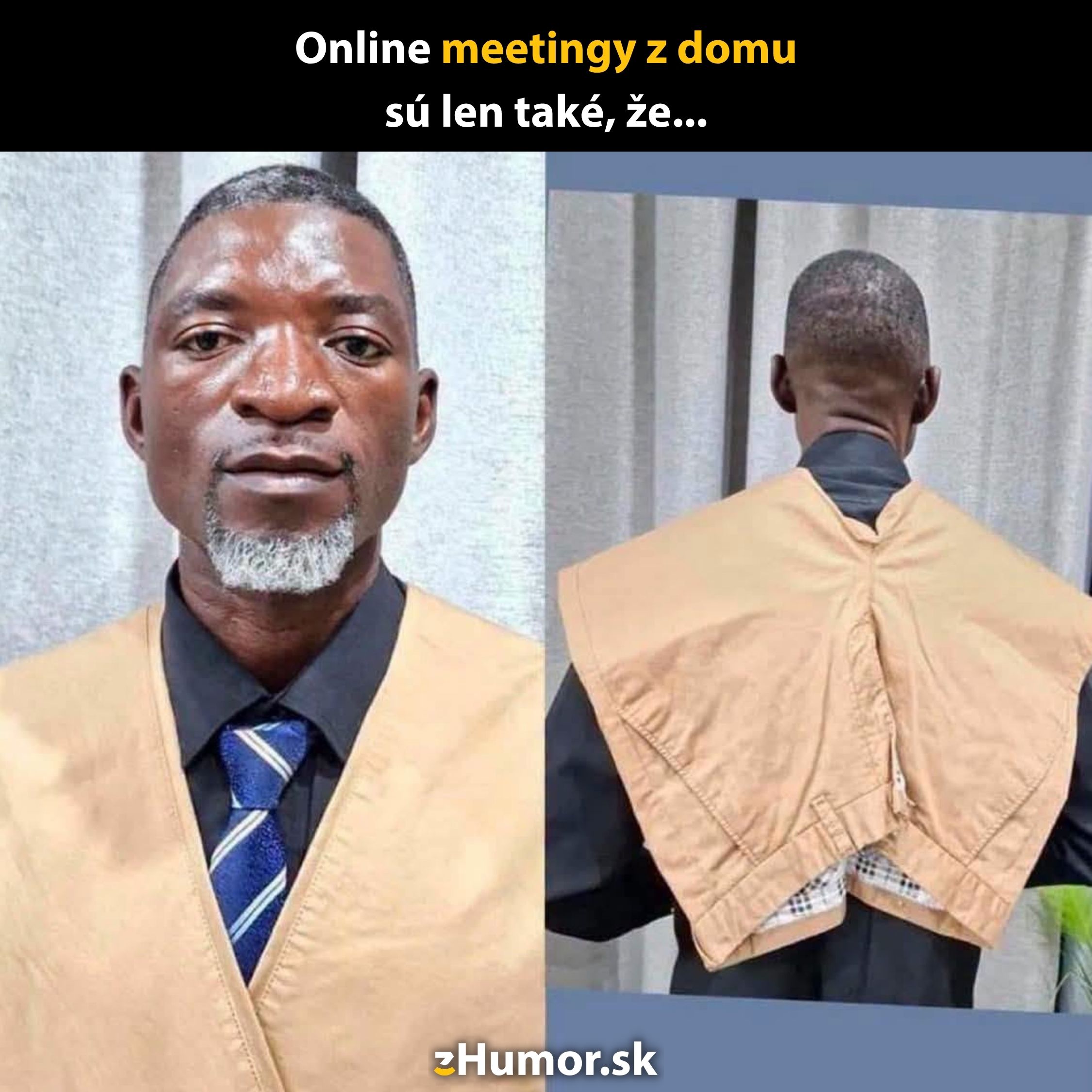Muž s improvizovanou kravatou a sakom z kabátu počas online stretnutia z domu.