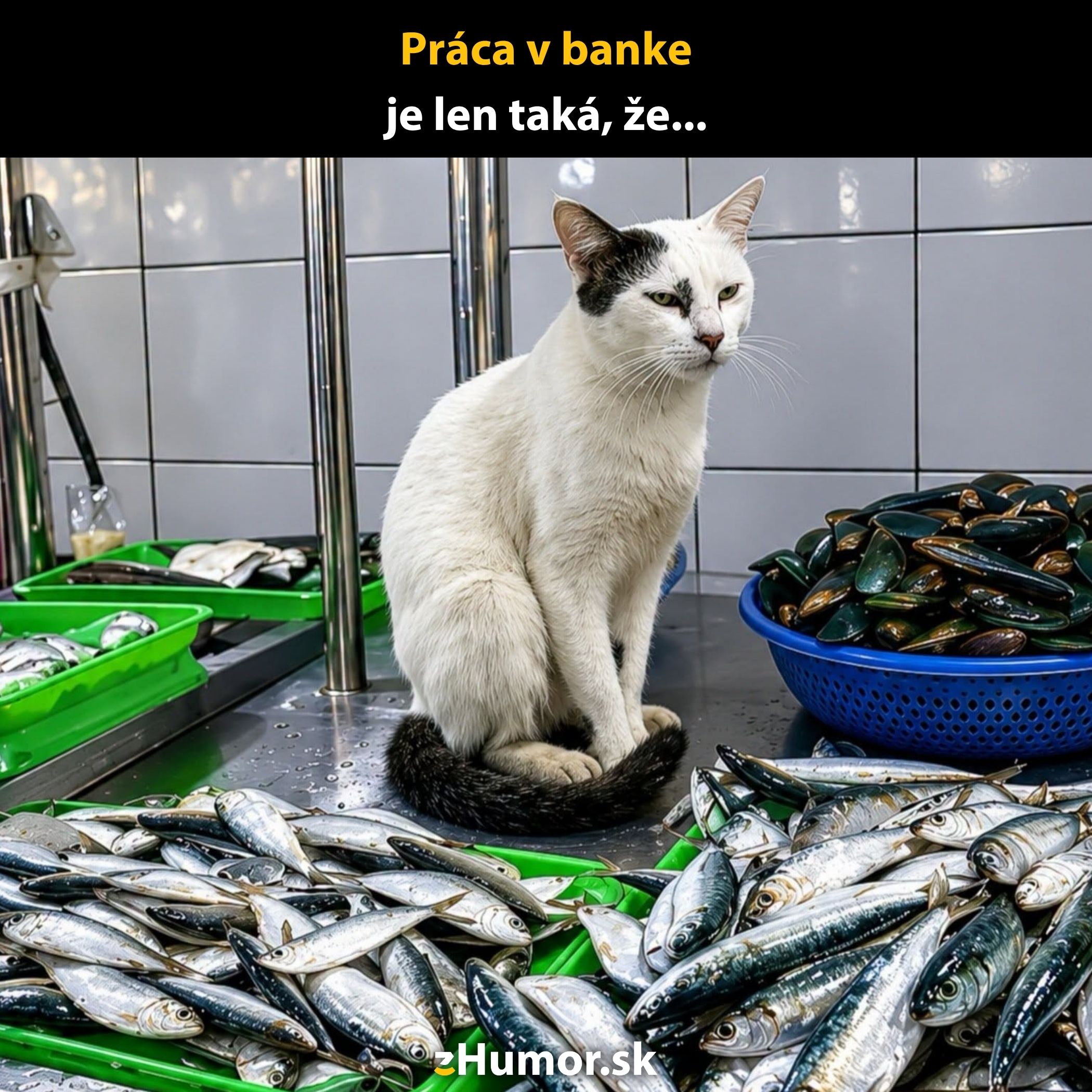 Mačka sedí pri stoloch plných rýb a dvihákov v kuchyni, pripravujúc sa na úlovok.