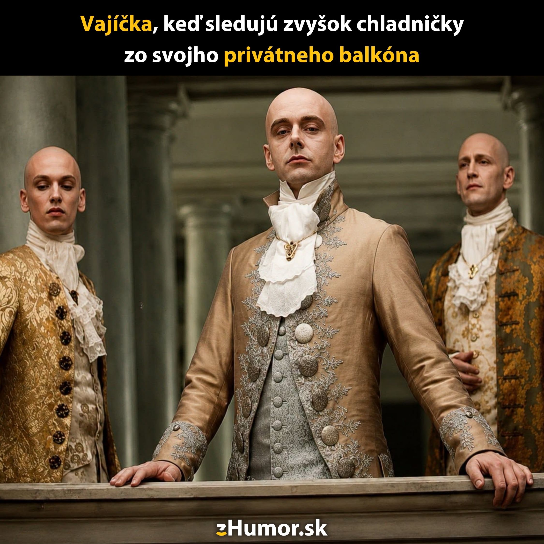 Traja muži v historických kostýmoch pózujú na balkóne s vážnymi výrazmi tváre.