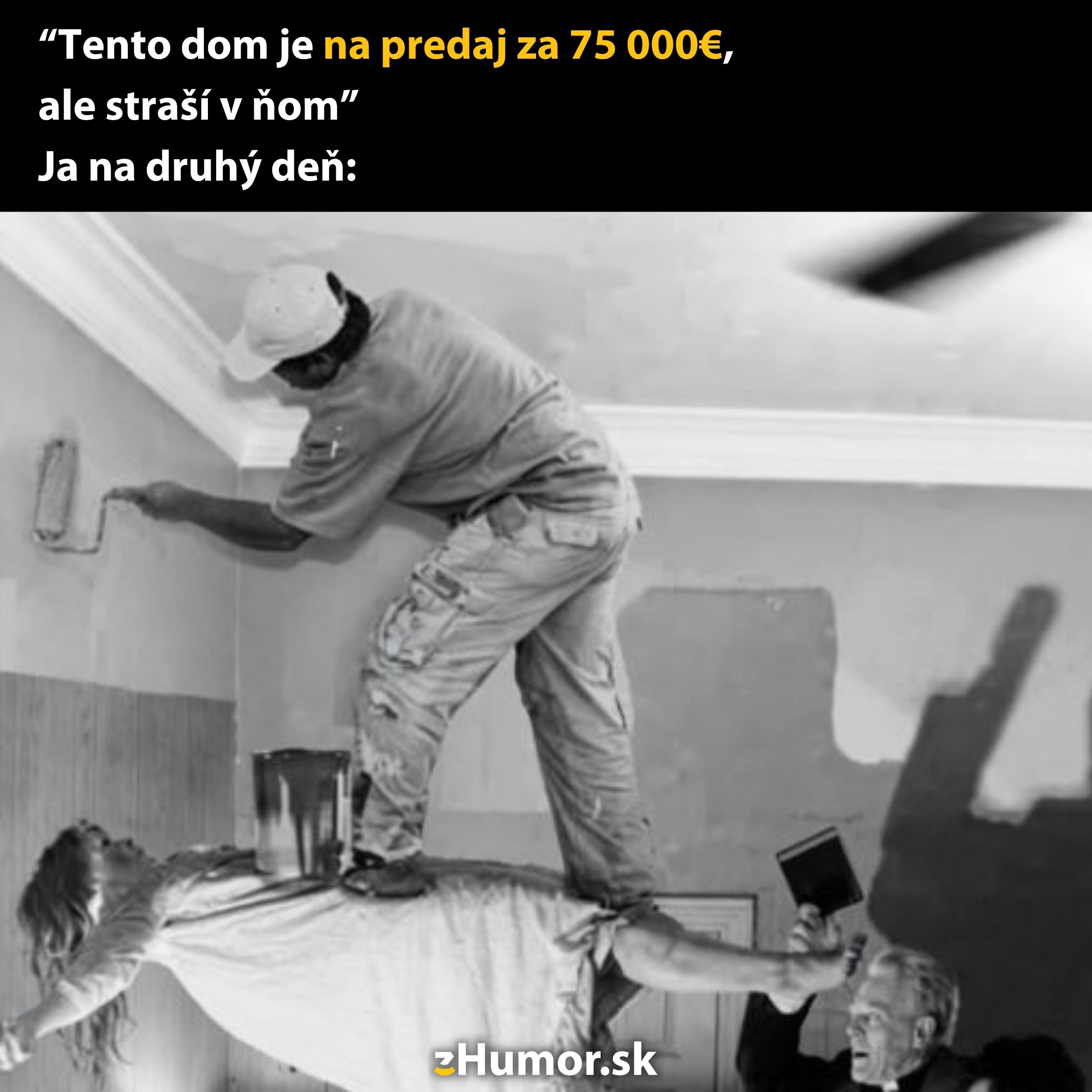Pracovník maľuje stenu, stojí na príšere a osoba ho vyháňa knihou; vtipný meme na stránke Humor.sk.