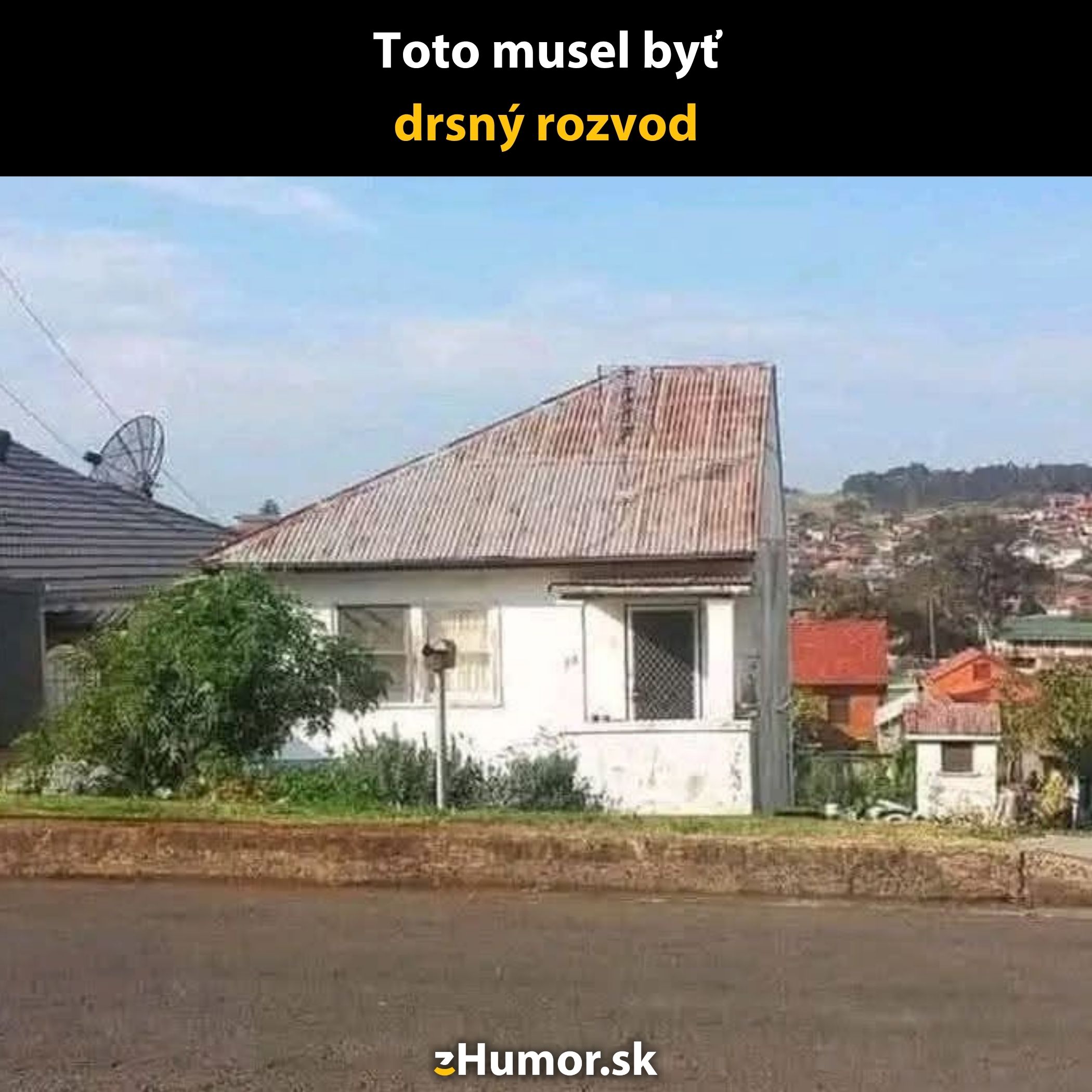 Domek rozdelený na dve polovice, vtipná ilustrácia komplikovaného rozvodu.
