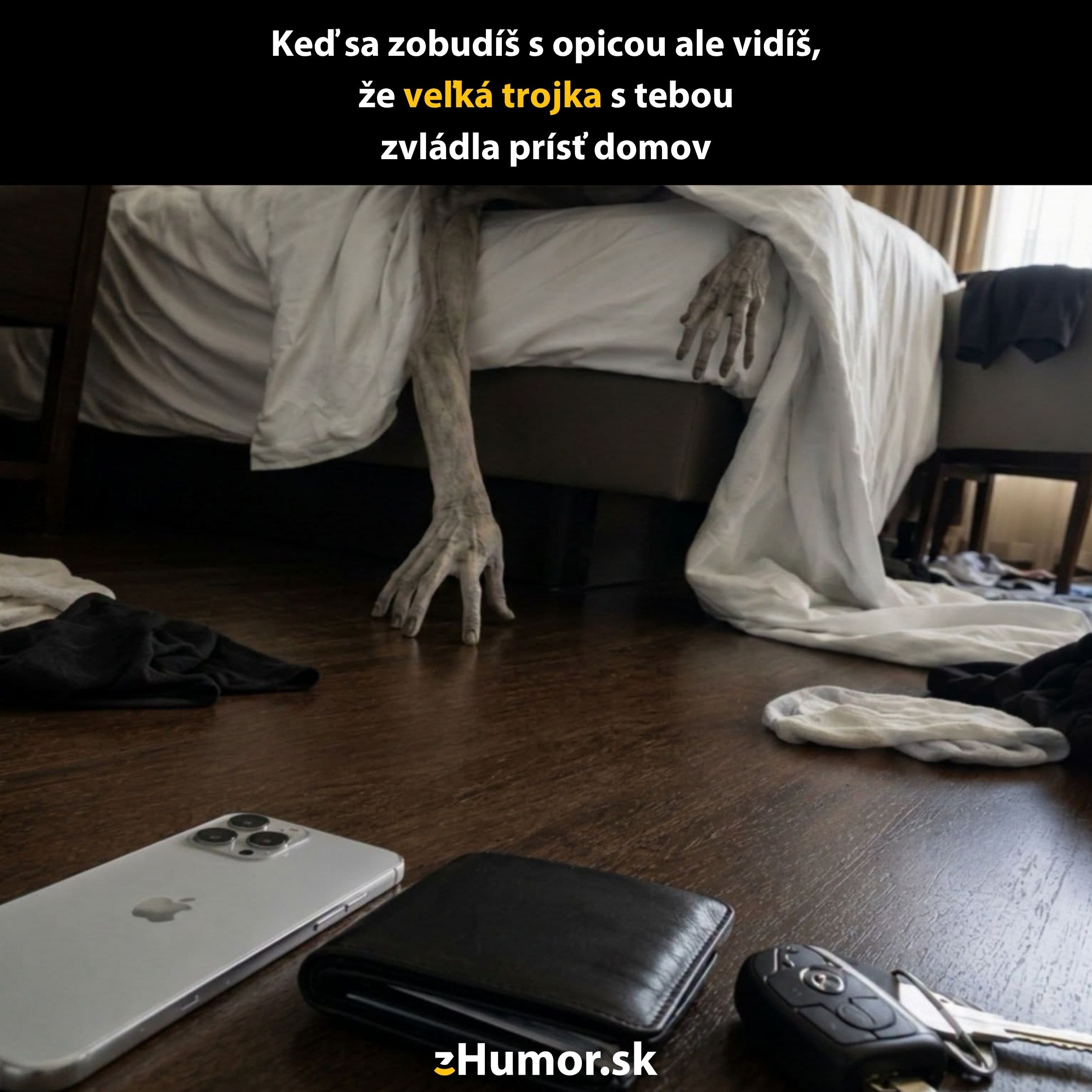 Zablúdená príšera pod posteľou, mobil, peňaženka a kľúče na zemi po divokej noci.