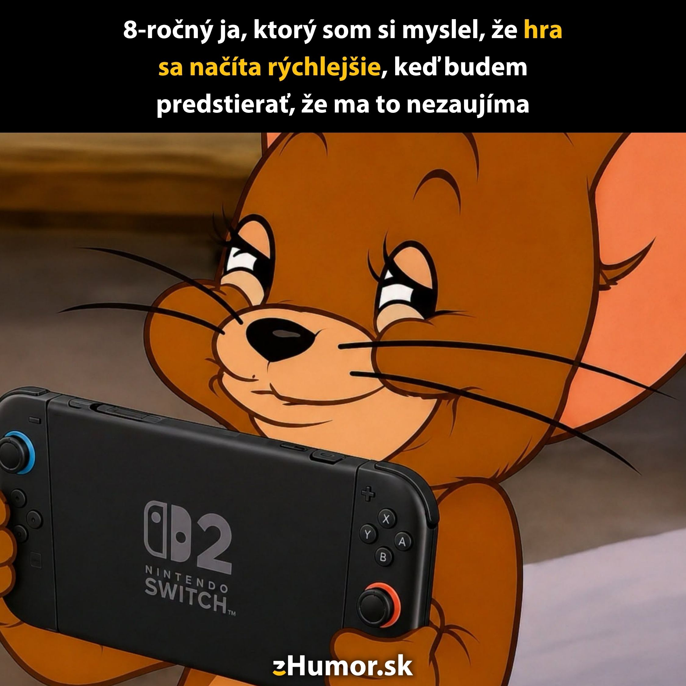 Kocúr drží konzolu Nintendo Switch, s úsmevom a uzavretými očami, obrázok s humorným textom o trpezlivosti pri načítaní.