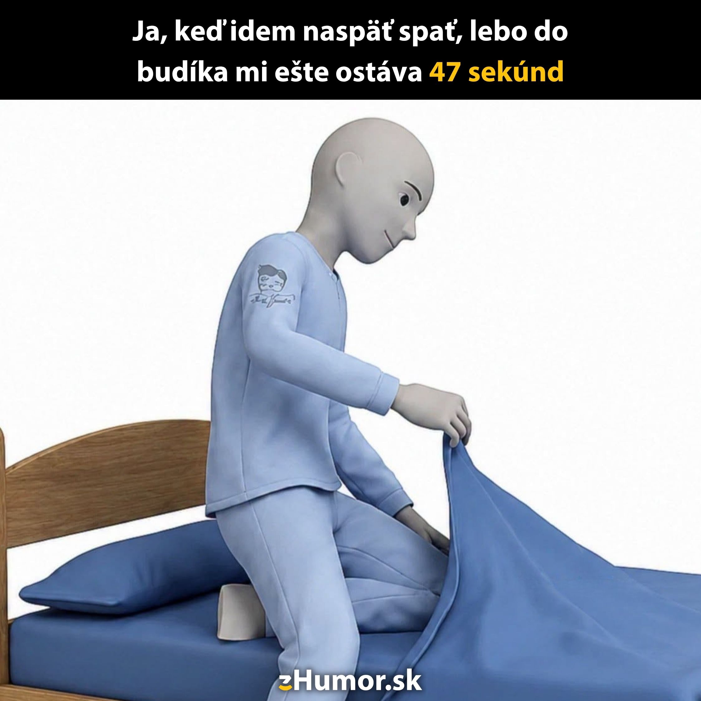 Ilustrácia postavy na posteli, ktorá sa vracia do postele na pár sekúnd pred zvonením budíka.