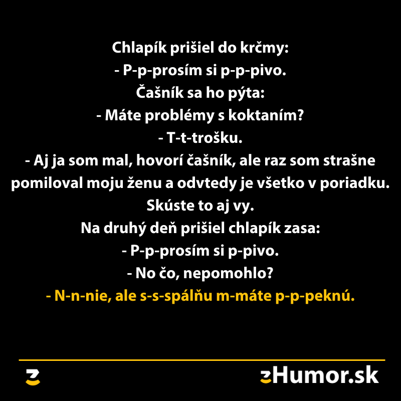 Textový vtip o koktavom chlapíkovi a čašníkovej rade v krčme na stránke zHumor.sk.