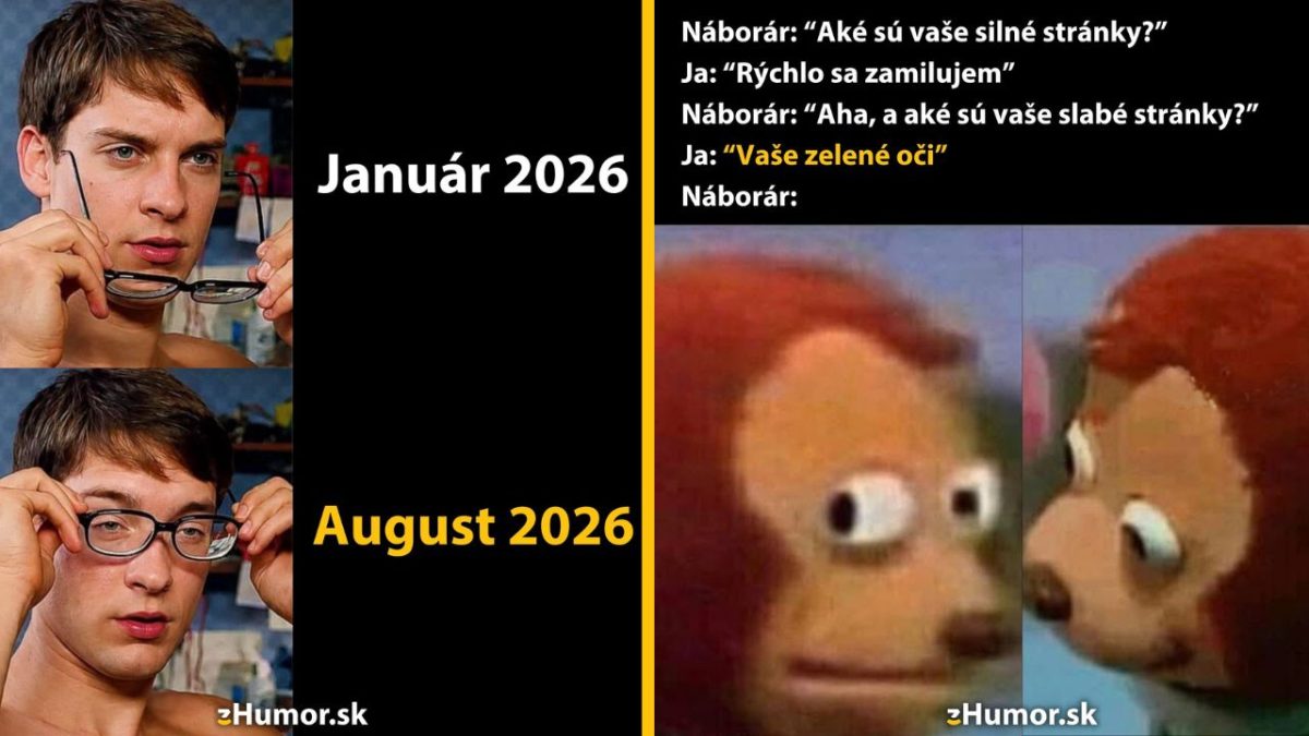 Muž s okuliarmi reaguje na vtipný dialóg o silných a slabých stránkach pri pohovore, meme obrázok s textom.