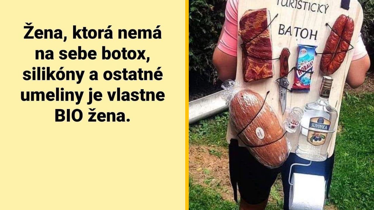 Muž s batohom plným jedla a pitia na turistiku, vrátane chleba, mäsových výrobkov a fľaše slivovice.
