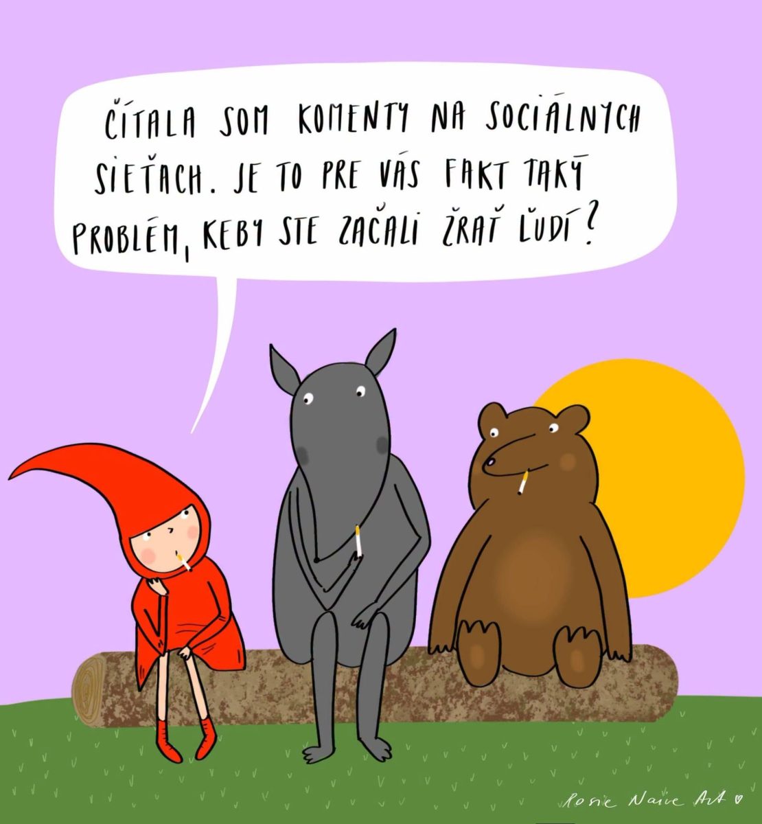 Červená Čiapočka a zvieratá na klade, diskutujú o komentároch na sociálnych sieťach so západom slnka v pozadí.