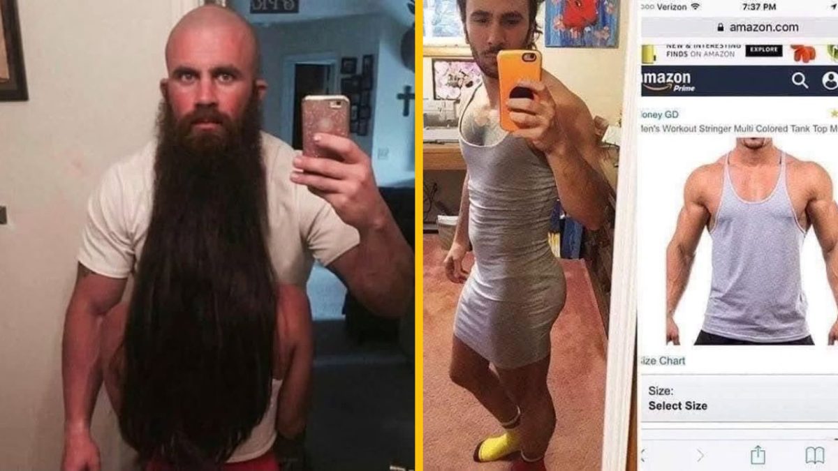 Dva zábavné zrkadlové selfies: muž s dlhou bradou a muži v netradičných outfitoch z online obchodov.