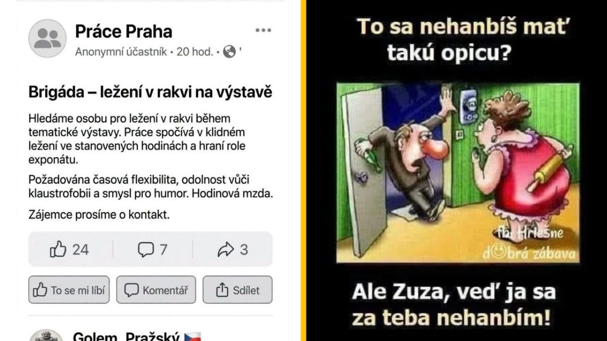 Inzerát na brigádu: ležanie v rakve na výstave a vtipný obrázok o hanbe a komickej situácii so zamknutými dverami.