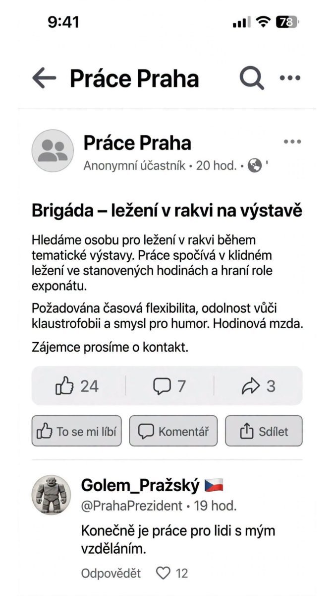 Brigáda: Hľadáme osobu na ležanie v rakvi na výstave v Prahe. Požadujeme flexibilitu, odolnosť a humor.