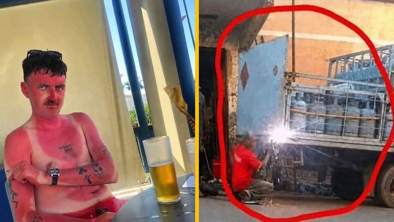 Opálený muž na pláži s pivom, vedľa nebezpečné zváranie pri fľašiach plynu. Bezpečnosť na prvom mieste.