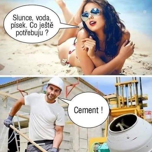 Žena relaxuje na pláži, kým muž odpovedá s vtipným komentárom zo stavby.