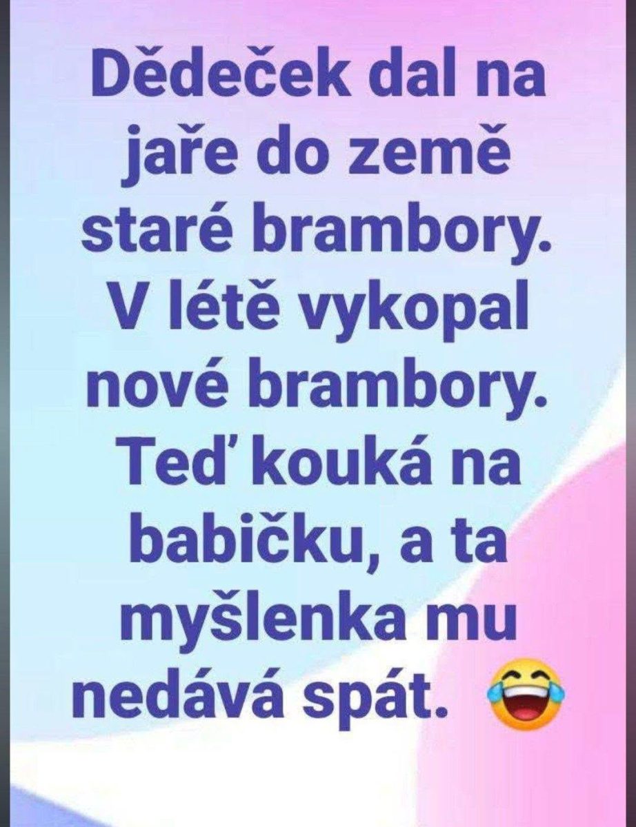 Vtip o starých a nových zemiakoch a dedkovej zamyslenej pohľad na babičku s úsmevom.