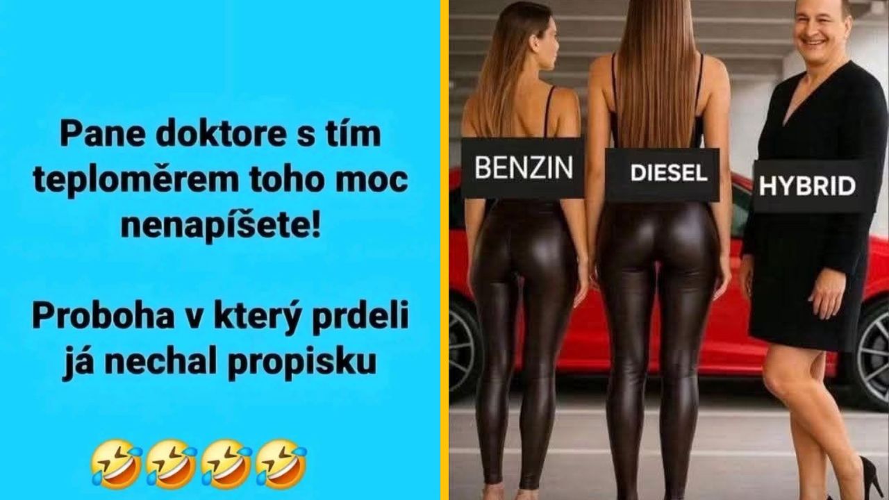 Ženy v latexových legínach s označeniami benzín, diesel a hybrid. Vtipný text v pozadí.