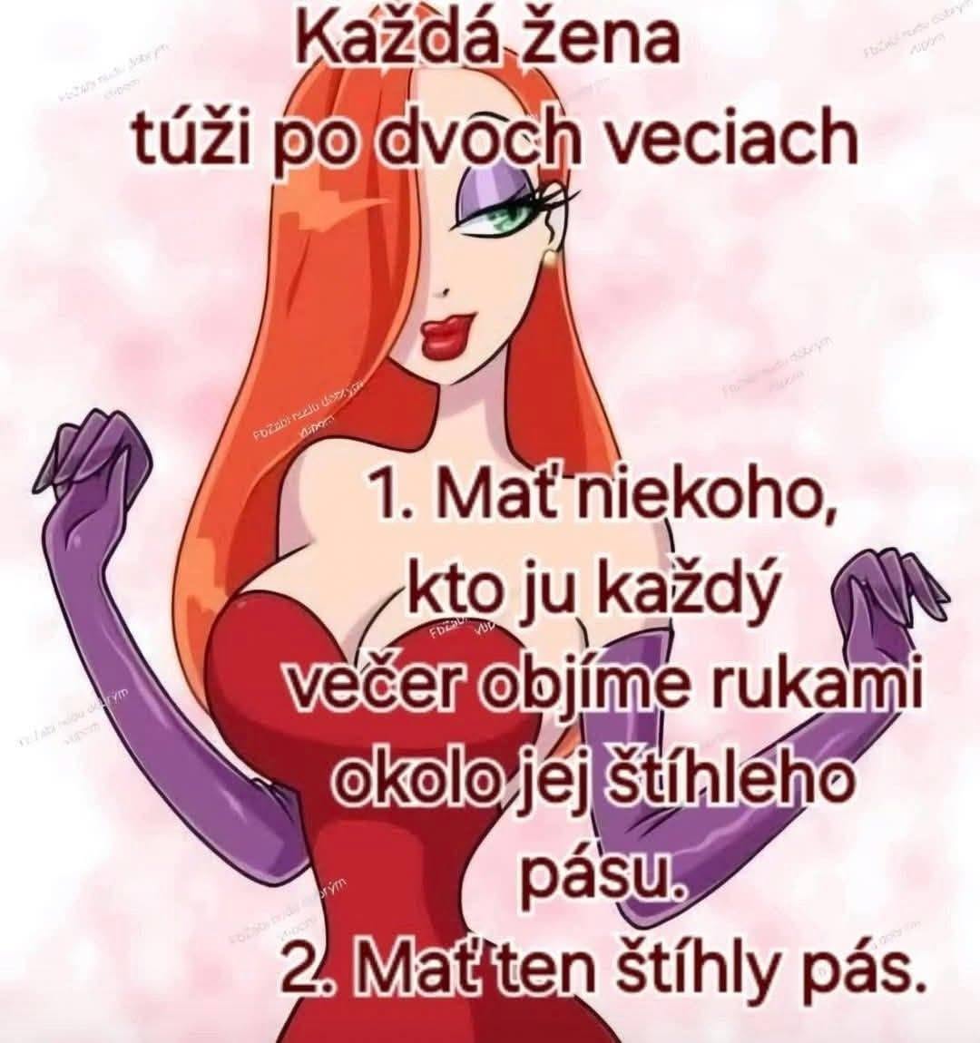 Kreslená postava s ryšavými vlasmi a textom o túžbach žien byť obklopené láskou a mať štíhly pás.