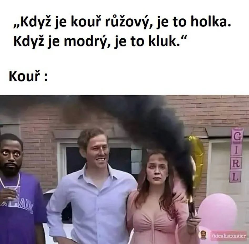 Gender reveal párty s dymovnicou, ktorá generuje nečakaný čierny dym namiesto očakávanej farby.