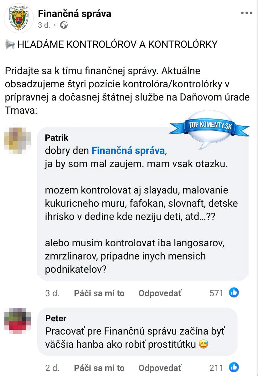 Finančná správa hľadá kontrolórov v Trnave; otázky k ponuke a irónia v komentároch užívateľov.