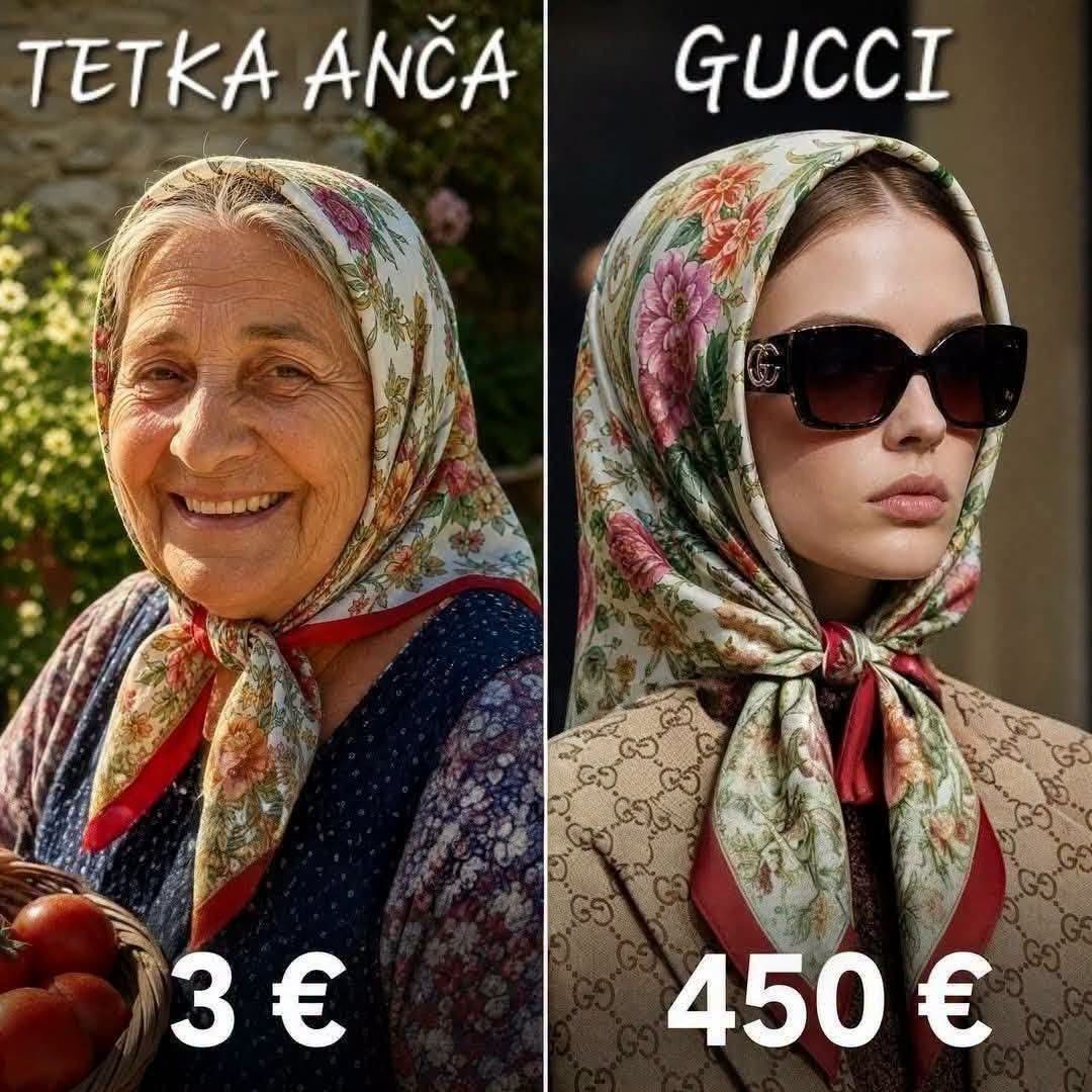 Porovnanie šatiek: tradičná šatka za 3 € a dizajnérska šatka za 450 €. Cenový kontrast módy.