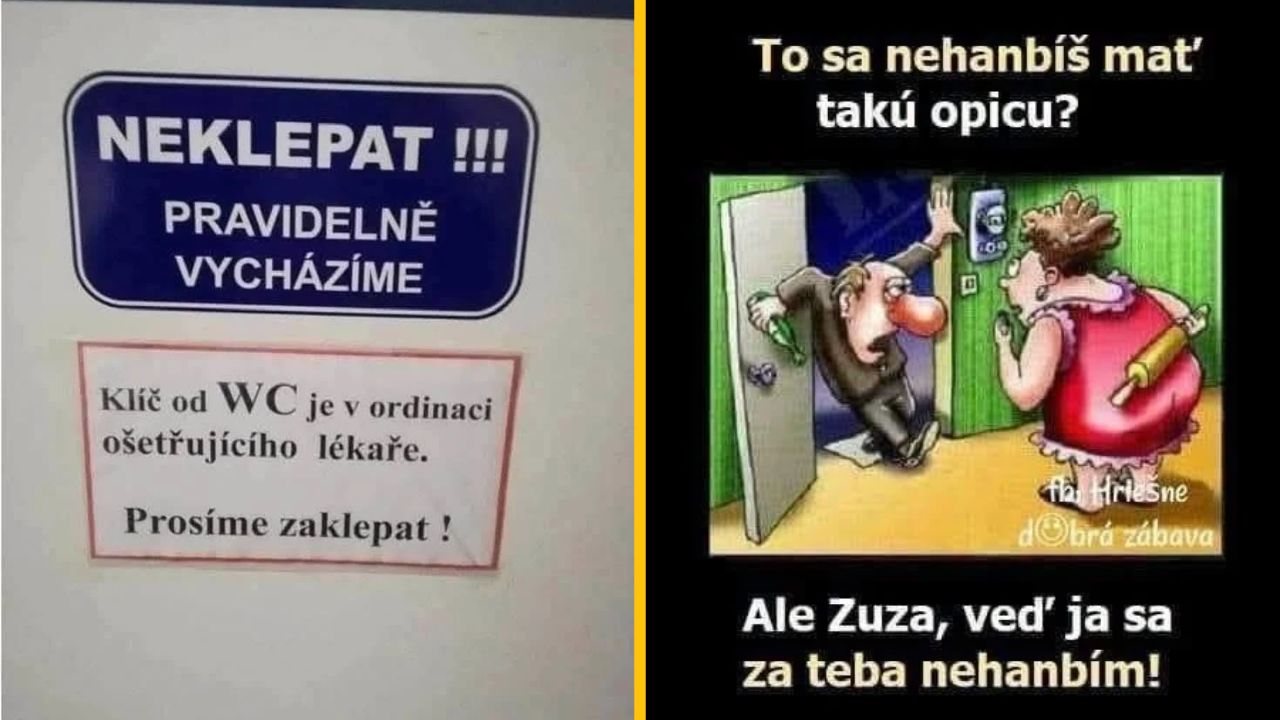 Tabuľa s pokynmi o zákaze klopania a vtipný komiks s rozhovorom o opici.