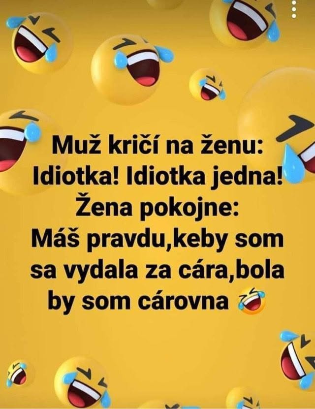 Vtipný obrázok s textom o žene a cárovi, s emotikonmi smiechu.
