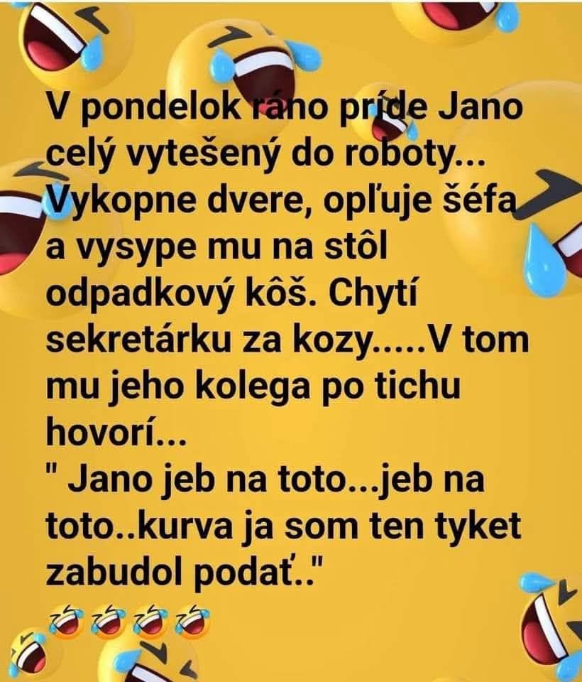 Vtipný obrázok s emotikonmi plačúcimi od smiechu a textom o Jánovi a vtipnej situácii v práci.