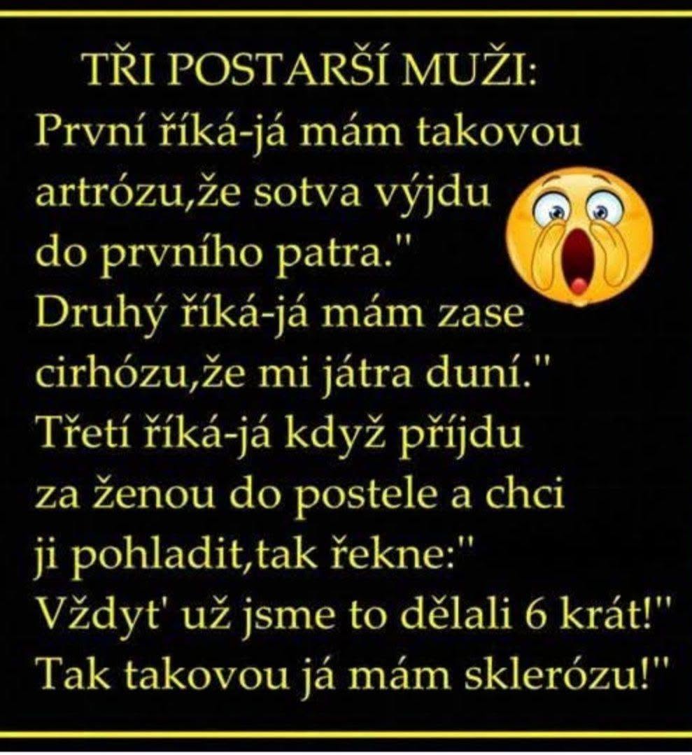 Trpký vtip o troch postarších mužoch a ich zdravotných problémoch s vtipným záverom o skleróze.