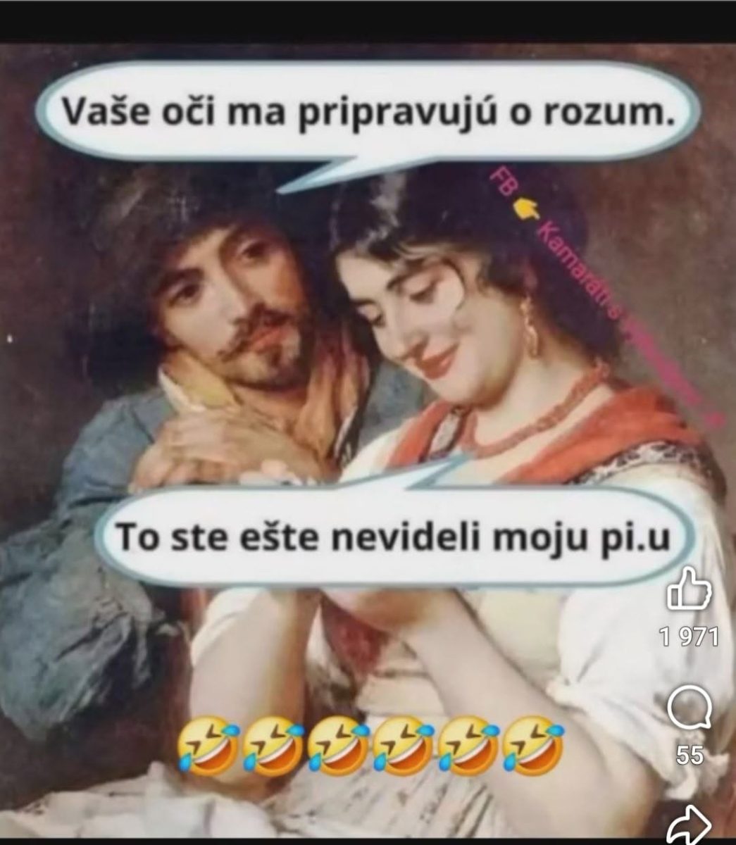 Obrázok historickej maľby s vtipným textovým dialógom medzi mužom a ženou.
