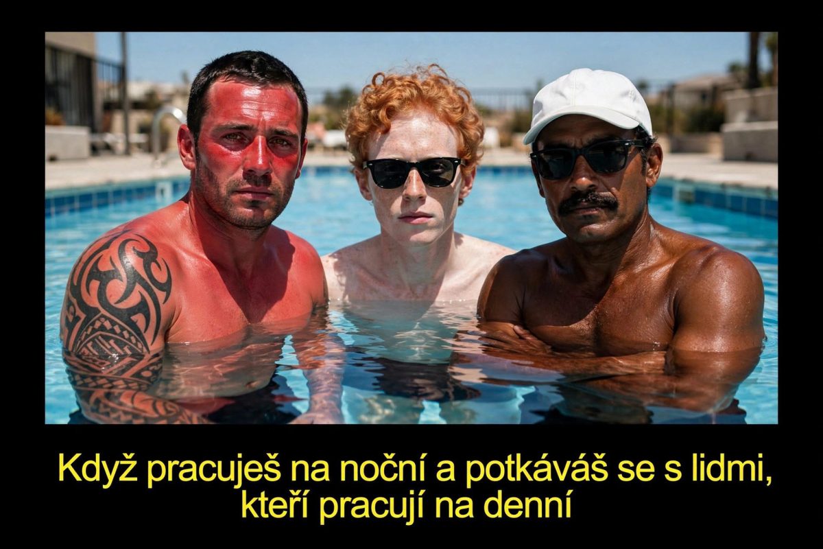 Traja muži v bazéne so slnečnými okuliarmi, reagujúc na odlišnú expozíciu slnka a zmeny kožného pigmentu.