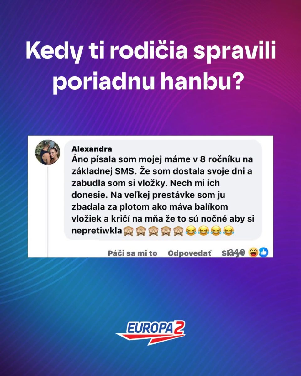 Na obrázku je vtipná príhoda o rodičovskom trapase v škole zverejnená na sociálnych sieťach rádia Europa 2.