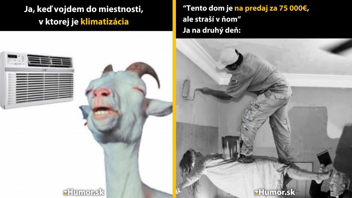 Koza nadšená klimatizáciou vtipne kontrastuje s prácou na strašidelnom dome na predaj v čierno-bielom komikse.
