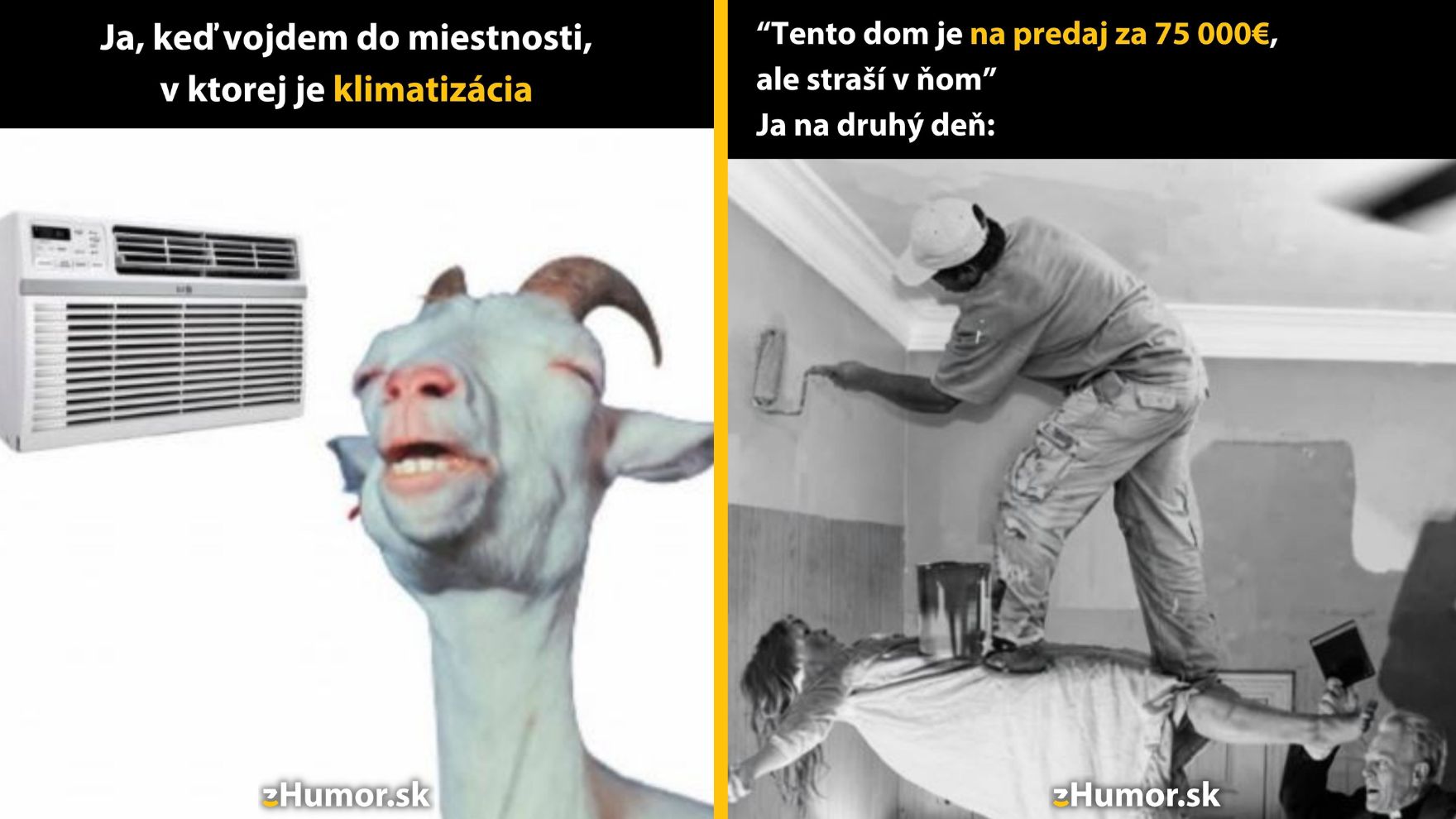 Koza nadšená klimatizáciou vtipne kontrastuje s prácou na strašidelnom dome na predaj v čierno-bielom komikse.