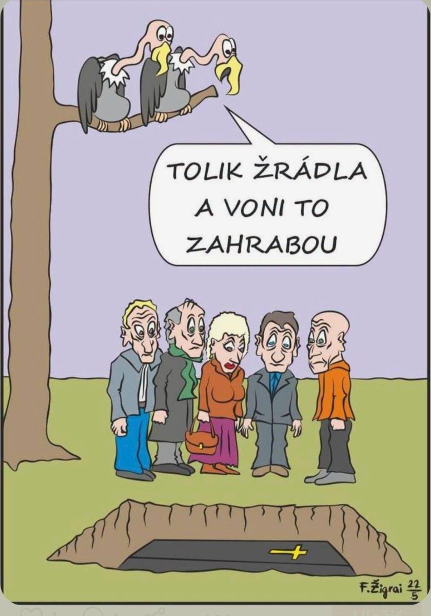 Smútočný obrad s ľuďmi pri hrobe, dve supy sledujú pohrebný obrad so satirickým komentárom.
