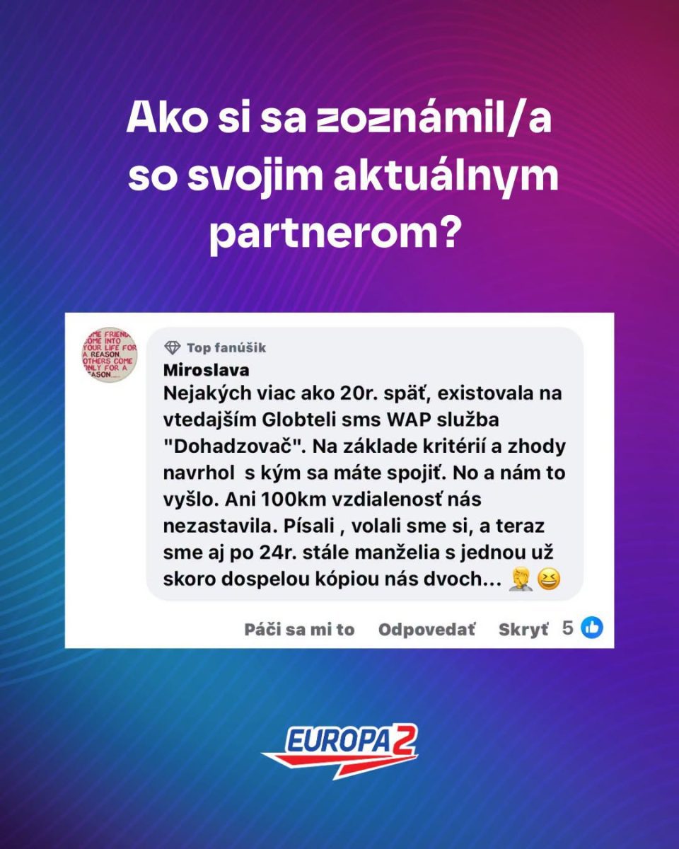 Otázka na sociálnej sieti: „Ako si sa zoznámil/a so svojím aktuálnym partnerom?“ Odpoveď používateľa s príbehom.