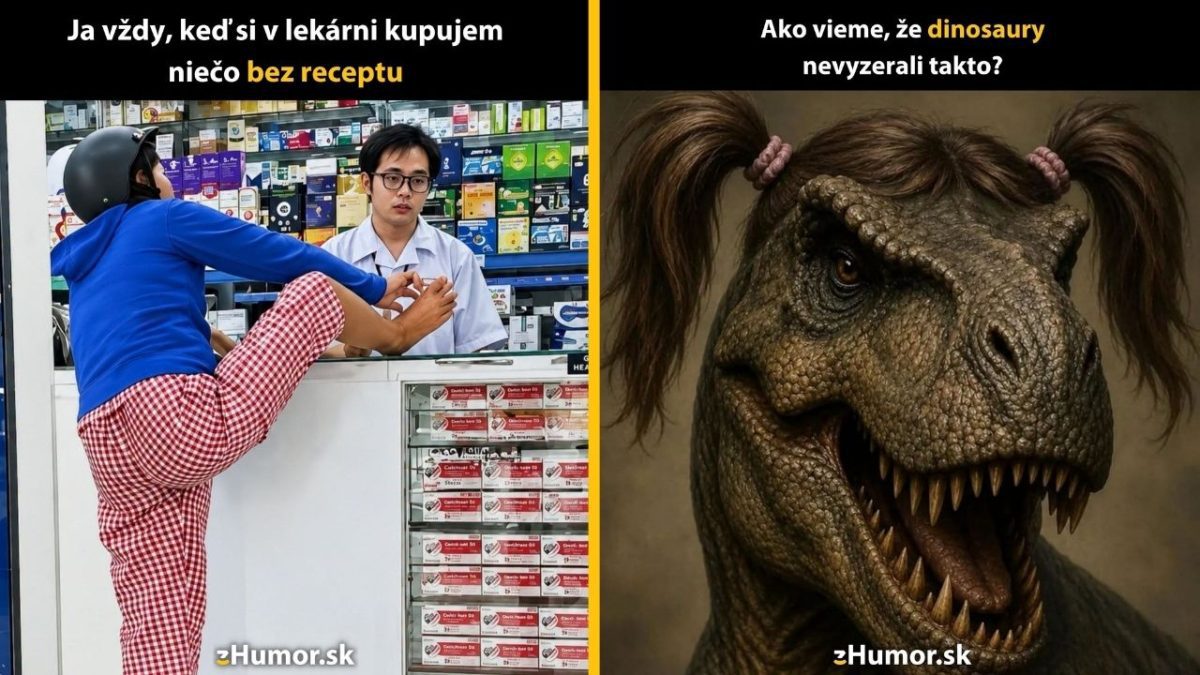 Osoba natiahnutá na lekárenskom pulte a dinosaurus s vrkočmi prinášajú humorný kontrast situácií.