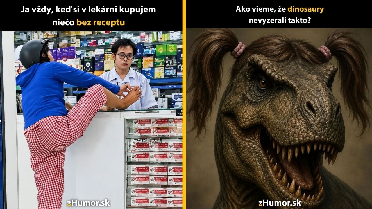 Osoba natiahnutá na lekárenskom pulte a dinosaurus s vrkočmi prinášajú humorný kontrast situácií.