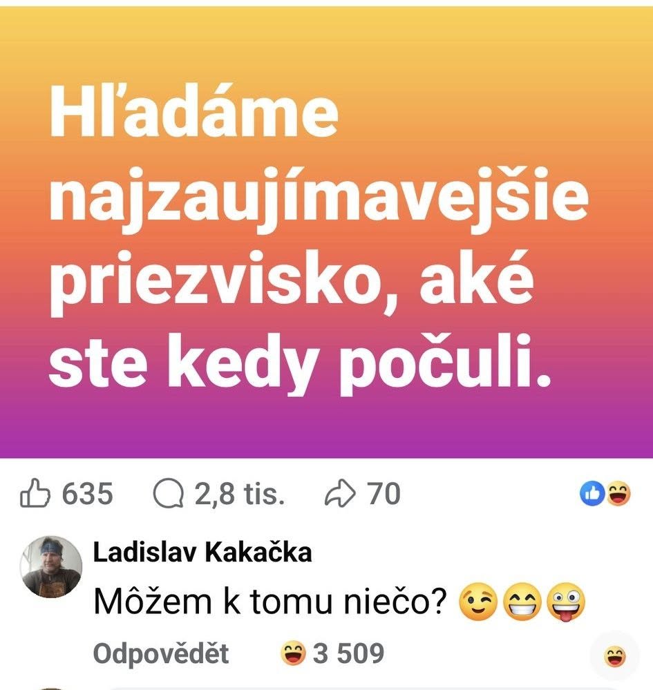 Hľadáme najzaujímavejšie priezvisko, odkaz s reakciou: Môžem k tomu niečo? s úsmevnými emoji.