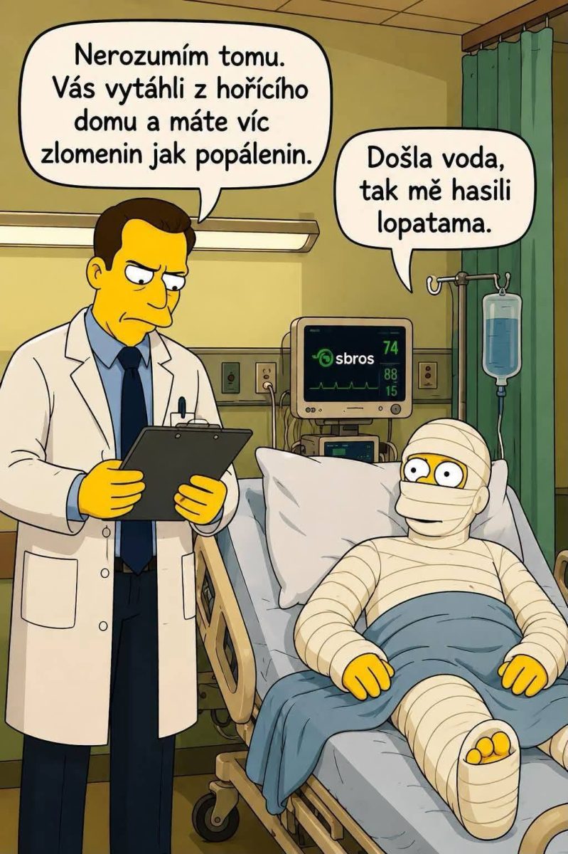 Lekár s poznámkovým blokom sa rozpráva s obviazaným pacientom v nemocničnom lôžku o neobvyklých zraneniach.