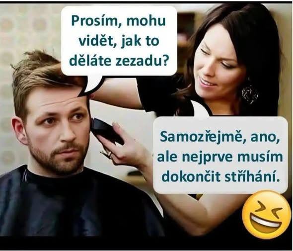 Muž v kaderníckom kresle s vtipným dialógom o strihaní vlasov medzi ním a kaderníčkou. Emilóna ikona v rohu.