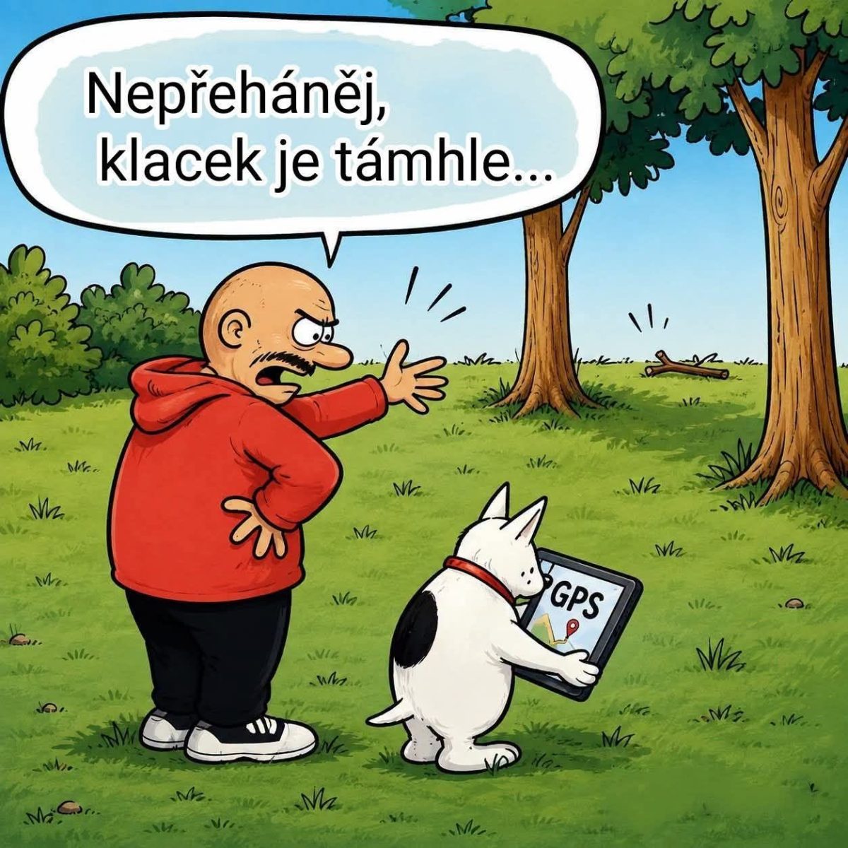 Muž v červenej mikine ukazuje psovi s GPS tabletom, kde leží palica v lese.