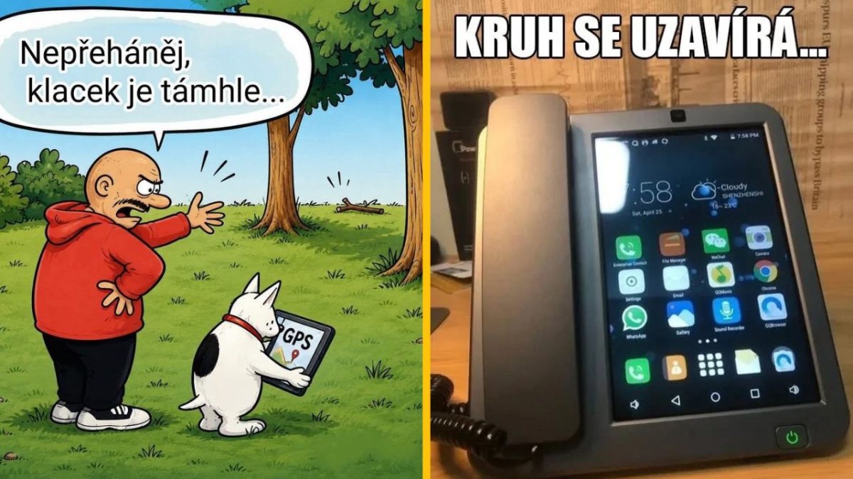 Muž ukazuje na paličku, pes s GPS tabletom. Vedľa telefón s aplikáciami, text: Kruh sa uzatvára....